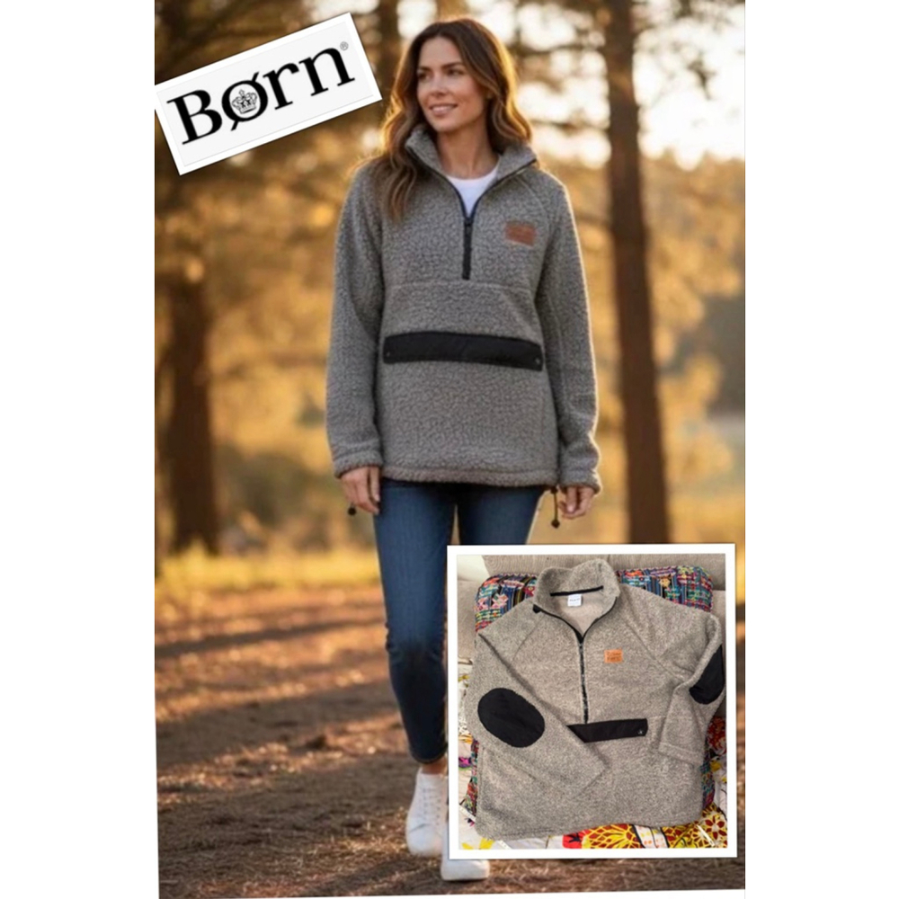 Born Retro Cozycore Outdoor Buttery Soft Deep Pile Sherpa Elbow Patch Fleece LG